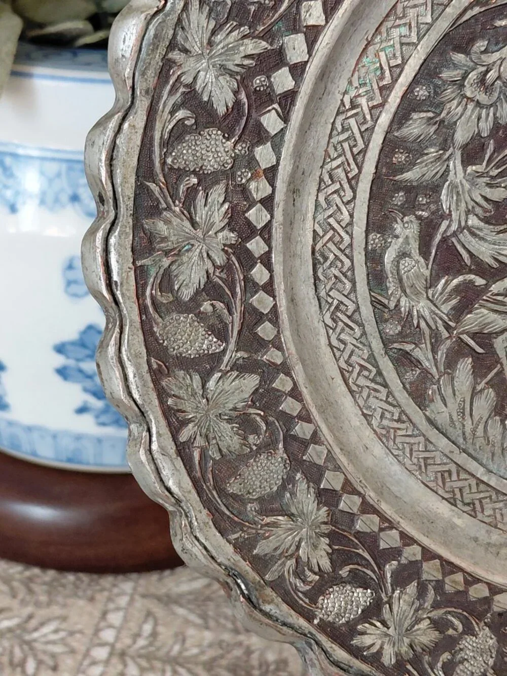 Vintage Persian Ghalamzani Plate with Cranes